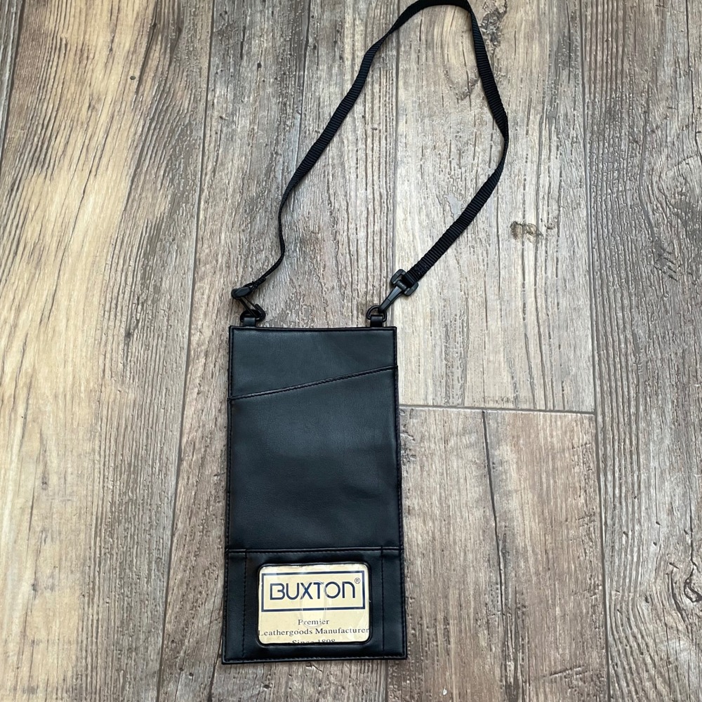 Buxton Black Faux Leather Neck Pouch Organizer Wallet Card Travel Holder Strap